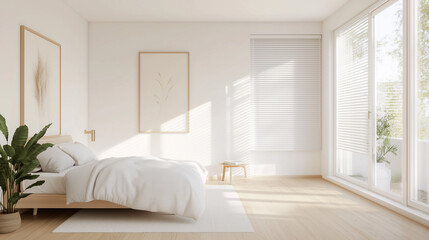 Bright minimalist bedroom with large windows and natural light