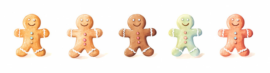 Gingerbread man characters in different poses, white background, watercolor illustration style, Christmas theme, cartoon character design, high resolution, high detail, hyperrealistic, high contrast