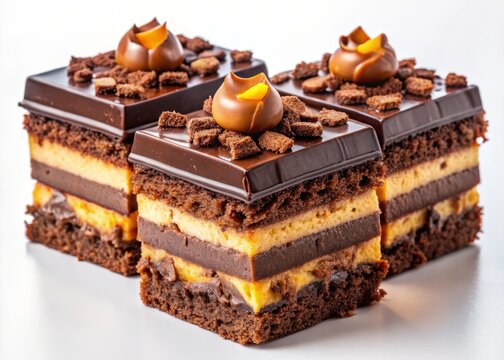 &bull; A show-stopping dessert with alternating layers of fluffy chocolate cake and crunchy Daim bars, all encased in a rich, dark chocolate exterior, on a white background.