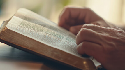 Fototapeta premium close-up of a man's hands gently resting on an open Bible. The scene should capture the texture of the Bible’s cover and pages, with the man’s hands in a position of reverent study