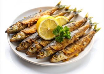 A generous serving of crispy fried sardines arranged artfully on a white background, flavored with a pinch of pepper and a squeeze of lemon