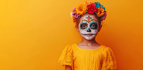 Photo of a child with face painting in the style of Day of the Dead, wearing colorful flowers on her head and looking at the camera, isolated on a yellow background with copy space area.