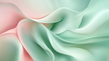 Obraz premium Close-up of abstract fluid shapes resembling flowing petals, soft pastel greens and pinks, organic curves, smooth transitions, high detail, digital art.