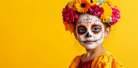 Photo of a child with face painting in the style of Day of the Dead, wearing colorful flowers on her head and looking at the camera, isolated on a yellow background with copy space area.