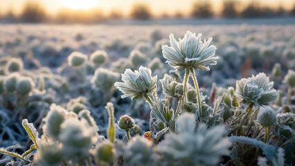 Frozen sunny winter morning. ice covered grass and wildflower.