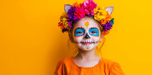 Photo of a child with face painting in the style of Day of the Dead, wearing colorful flowers on her head and looking at the camera, isolated on a yellow background with copy space area.