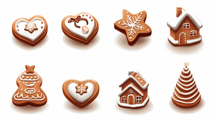 
Set of gingerbread cookies isolated on a white background, in the shapes of a house, heart, star, and tree, with a red glaze and golden sprinkles. Cartoon vector illustration design element for Chris