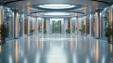 A futuristic polling station where voters use retina scans to access their digital ballots