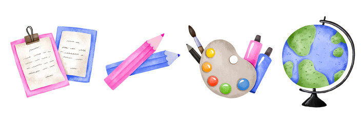 School set of stickers. Studying at school, university, college. Globe, drawing palette, essays and pencils. Children's hand drawn illustration on isolated background