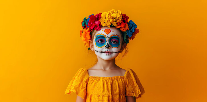 Photo of a child with face painting in the style of Day of the Dead, wearing colorful flowers on her head and looking at the camera, isolated on a yellow background with copy space area. - Powered by Adobe