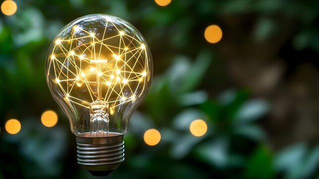 A glowing light bulb with networking connections symbolizing innovation and creativity in a natural setting.