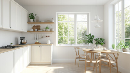 Bright kitchen with large windows and minimalist Scandinavian design
