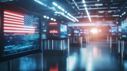 A futuristic voting booth with holographic interfaces American citizens using advanced tech to vote