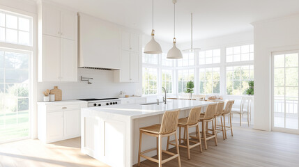 Large white kitchen with island and tall windows
