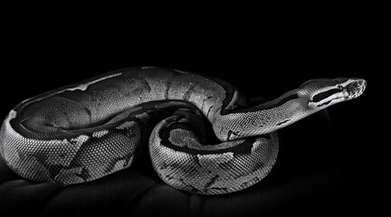 Obraz premium An elegant black and white shot of a majestic boa in a dark setting