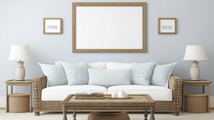 Coastal living room with wicker furniture and soft blue accents