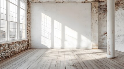 An interior renovation scene displays white walls and distressed hardwood floors, with natural light illuminating an empty room that showcases architectural details and rustic charm.