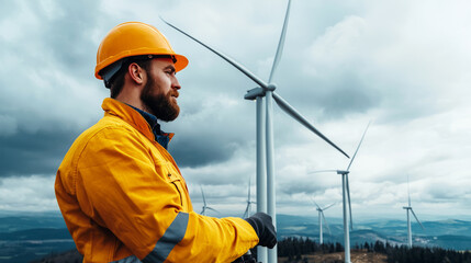 A dedicated engineer stands near wind turbines, showcasing renewable energy