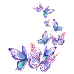 The butterflies are lilac, purple, pink and peach. A hand-drawn watercolor illustration. A swirl of flying butterflies on a white background. Template for the design and decoration of prints, postcard