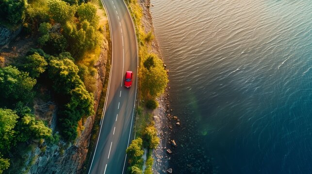 Aerial view of a car driving on a picturesque coastal road by the ocean in summertime