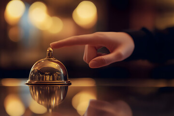  Luxury hotel service hand ringing bell for attention on reception desk elegant customer experience hospitality professional touch golden bell glowing lights atmosphere premium quality