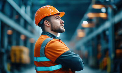 Industrial Worker in Safety Gear Looking Upwards