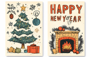 A set of two cards with hand-drawn illustrations of New Year's elements, a Christmas tree, and a fireplace in the style of vintage postcards.