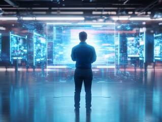 A holographic voting station with an American citizen casting a ballot neon blue lights