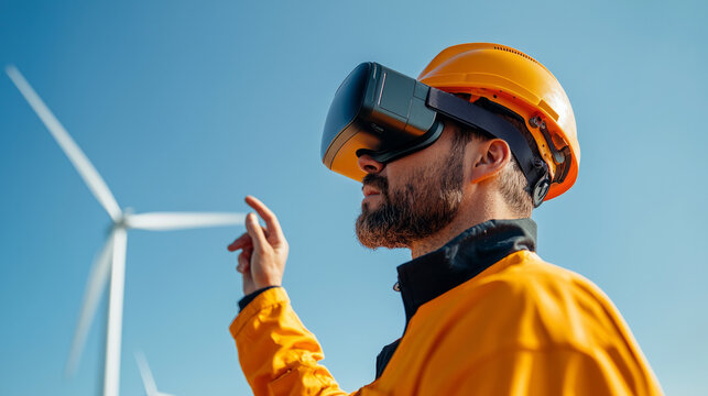 Using augmented reality glasses, an engineer interacts with wind turbines