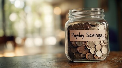 A clear jar filled with coins and labeled "Payday Savings," representing the importance of saving and financial security.