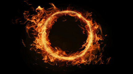 Glowing neon flame creates circular pattern on dark background. Generative AI