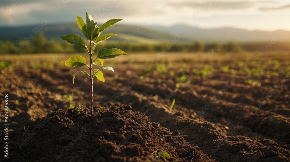 Poster A close-up of a small tree being planted in a rural field, with the roots being covered with soil, emphasizing environmental conservation and reforestation efforts.