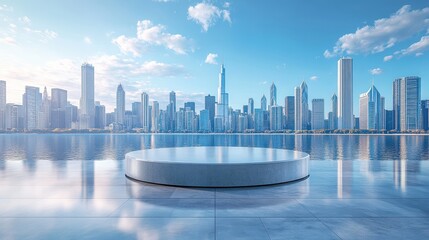 Polished podium in front of a city skyline, clear blue sky, urban backdrop