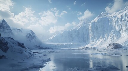 A serene winter landscape featuring majestic mountains and a frozen lake under a cloudy sky.