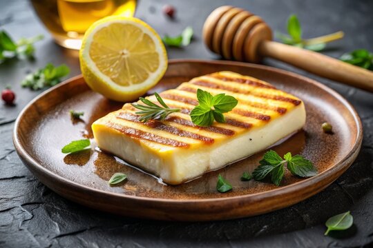 a minimalist composition featuring a slice of grilled haloumi cheese, a wedge of lemon, and a drizzle of honey
