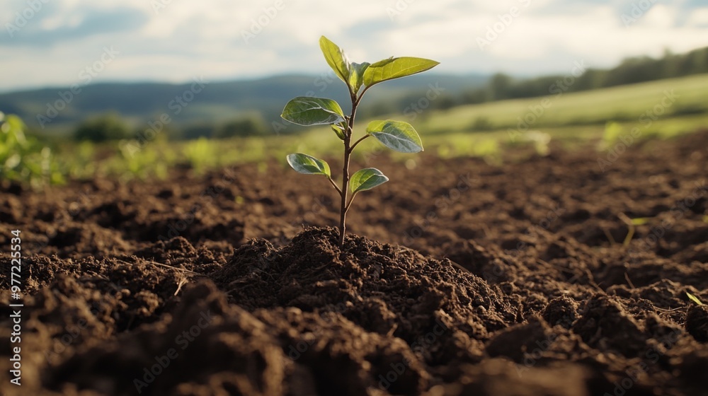 Poster A close-up of a small tree being planted in a rural field, with the roots being covered with soil, emphasizing environmental conservation and reforestation efforts.