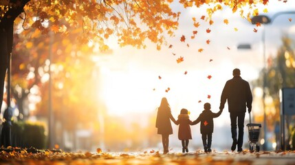A peaceful image of a family walking to a polling station together with autumn leaves falling gently around them