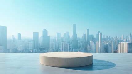 Polished podium in front of a city skyline, clear blue sky, urban backdrop