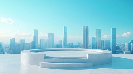 Polished podium in front of a city skyline, clear blue sky, urban backdrop