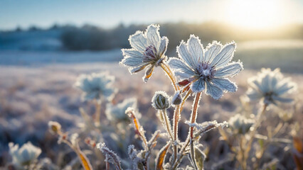 Frozen sunny winter morning. ice covered grass and wildflower.