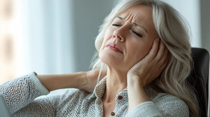 A middle aged woman is massaging her stiff neck while experiencing discomfort. She appears to be in moment of relaxation, seeking relief from tension
