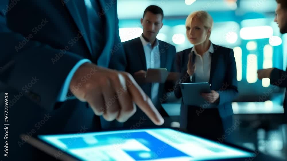 Poster close-up of businessman using a tablet with financial charts in a meeting room. teamwork and corpora