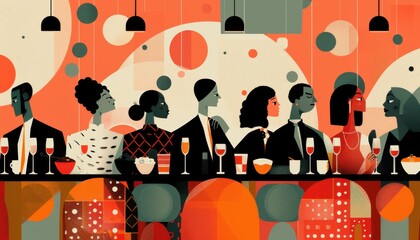 Elegant dinner with diverse friends enjoying food