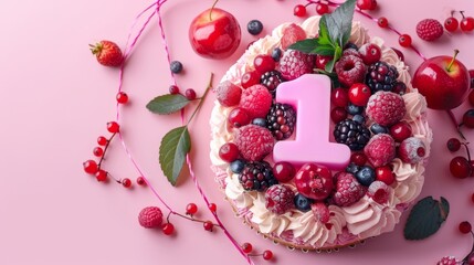 Single pink candle number one on fruit cake surrounded by garland against a pink background