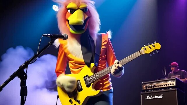 Colorful Bird Mascot Rocking on Stage During a Live Performance Generative AI