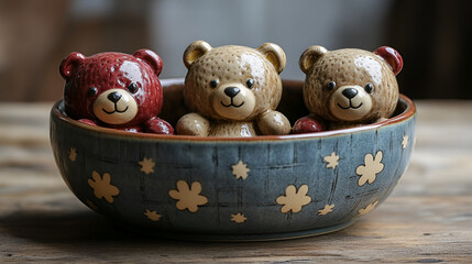  A bowl containing three adorable teddy bears, showcasing their soft fur and cheerful expressions in a cozy arrangement.