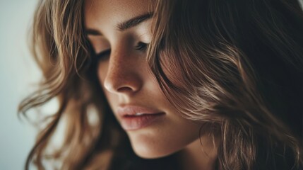Fototapeta premium A close-up of a woman with long, flowing hair styled into loose waves, with a focus on the natural texture and effortless beauty of the hairstyle.
