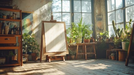 Rustic wooden podium in a cozy art studio, handmade crafts, natural light