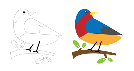 Bird on a Tree Branch Coloring Page. Educational materials for a child or relaxing activity for adult vector