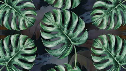Obraz premium Watercolor seamless pattern of tropical leaves. monstera on a dark background